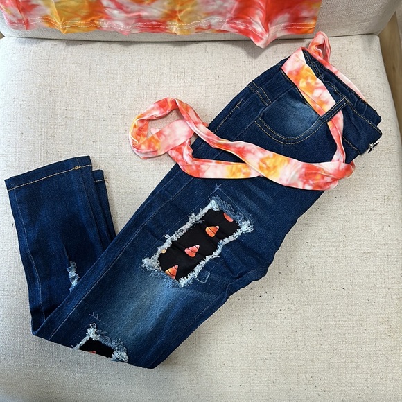 NEW Girls Sz 6 Orange 'Candy Corn Cutie' Flare-Sleeve Top Jeans Fall Halloween - Picture 7 of 10